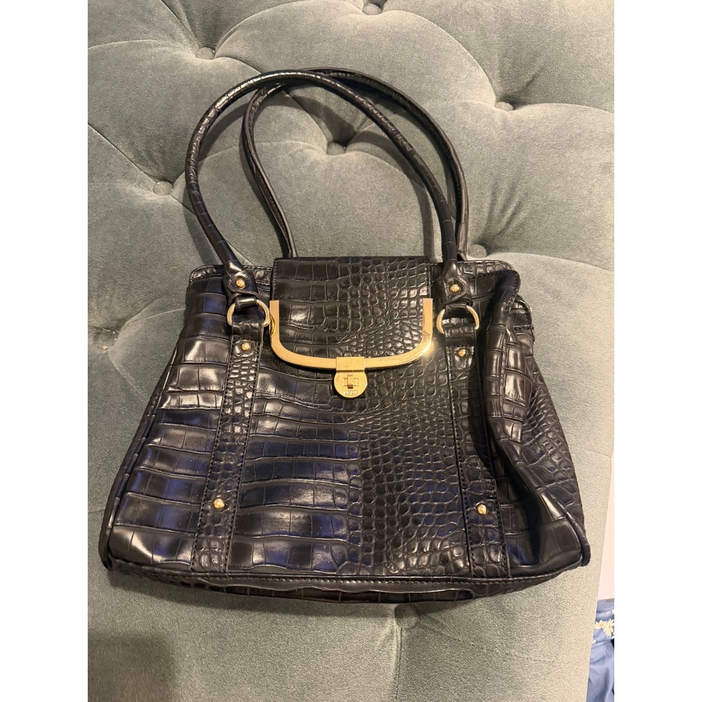 Lulu by Lulu Guinness Black Croc Embossed Shoulder Bag Gold Hardware Polka Dot